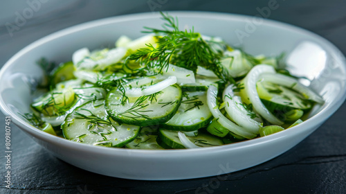 Traditional latvian cucumber salad with dill in a white bowl, served on a dark slate background, exemplifying regional cuisine