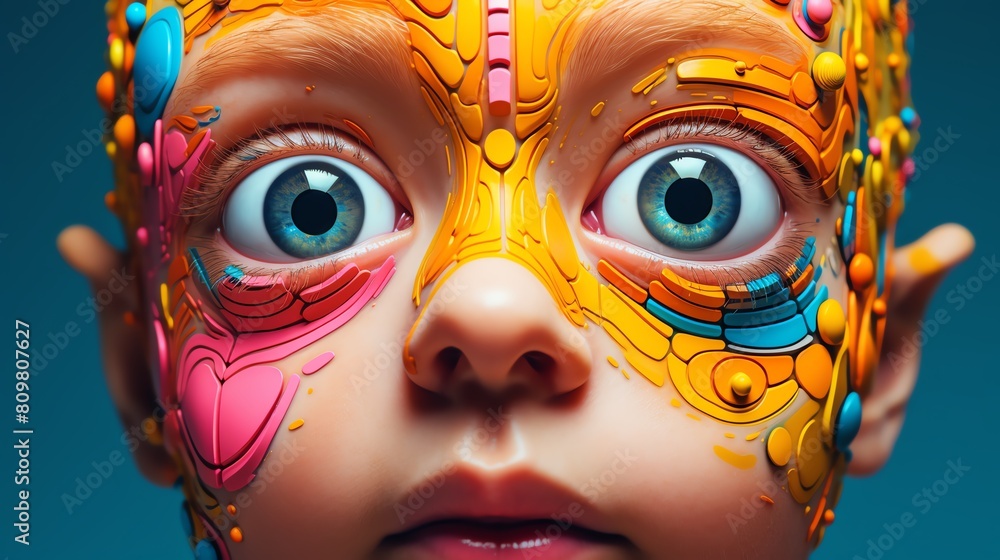 3d of a colorful human face with big eyes and an open mouth 3d of a colorful human face with big eyes and an open mouth