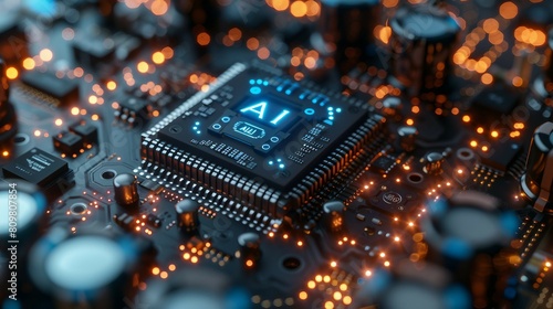 A chip on a motherboard, the chip is ai, artificial intelligence. AI generate illustration photo