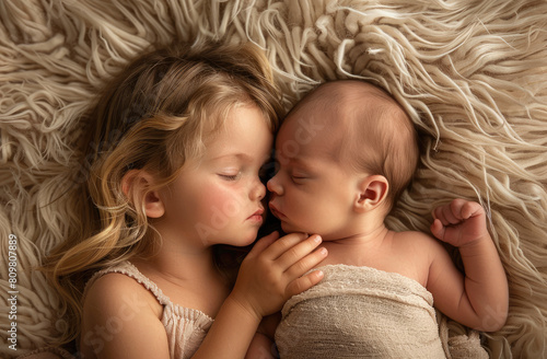 A little girl sleeping next to her newborn baby brother. She is kissing him on the forehead