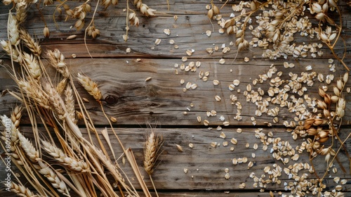 Top view rolled oats and oat ears of wheat grain on a rustic wooden table. Generated AI image photo