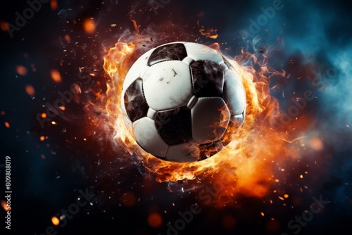 A soccer ball is surrounded by fire and smoke. Concept of chaos and destruction  as the ball is caught in the middle of a fiery explosion. The contrast between the bright white of the ball