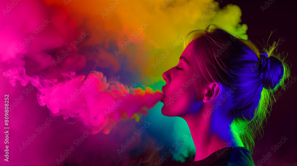 A woman is smoking a cigarette and the smoke is colorful. The image has a vibrant and energetic mood. a woman with an e-cigarette exhales colorful vapor or smoke