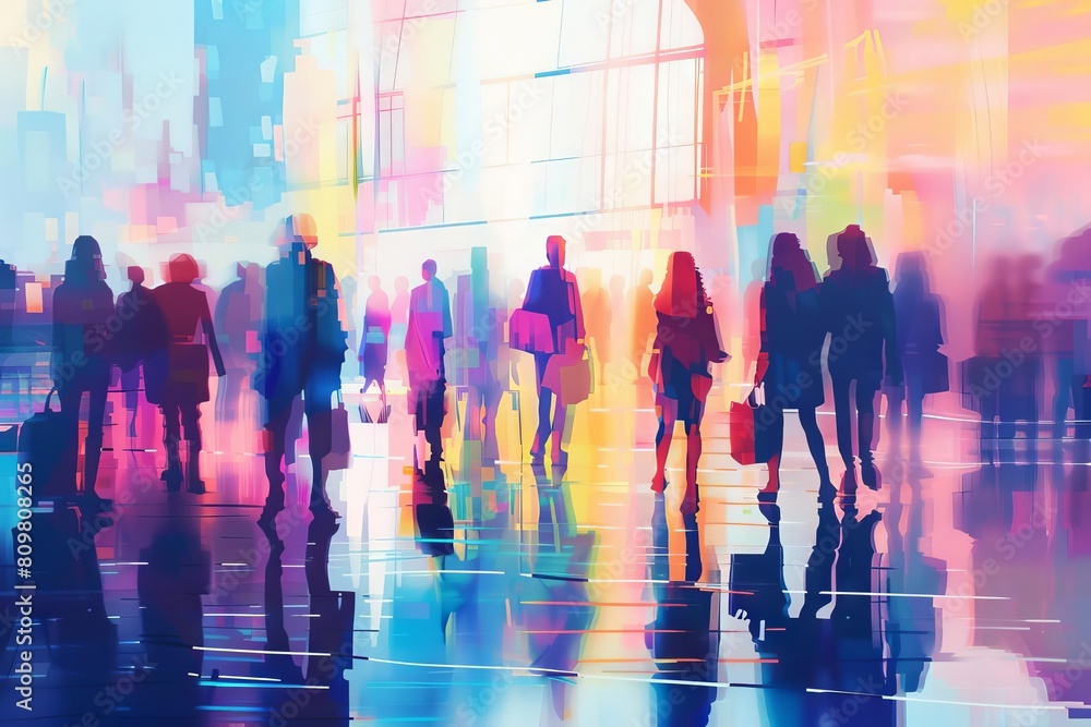 abstract blurred silhouettes of business people at trade fair digital painting