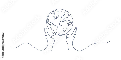 Minimalist line drawing of hands holding planet Earth. The concept of peace for people. Vector illustration on a white background