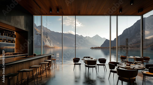  A minimalist restaurant overlooking a serene mountain lake, floor-to-ceiling windows offering breathtaking views photo