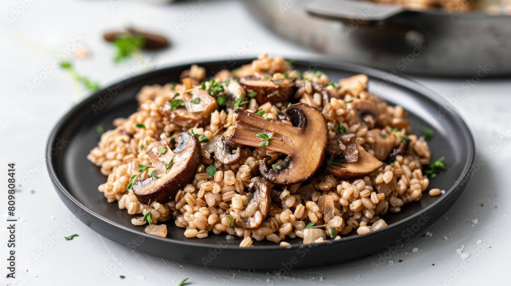 Traditional latvian barley pilaf with savory mushrooms and fresh herbs, served on a black plate to showcase baltic regional cuisine Traditional latvian barley pilaf with savory mushrooms and fresh herbs, served on a black plate to showcase baltic regional cuisine