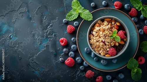 granola with berries and nuts on a dark background. AI generate illustration photo