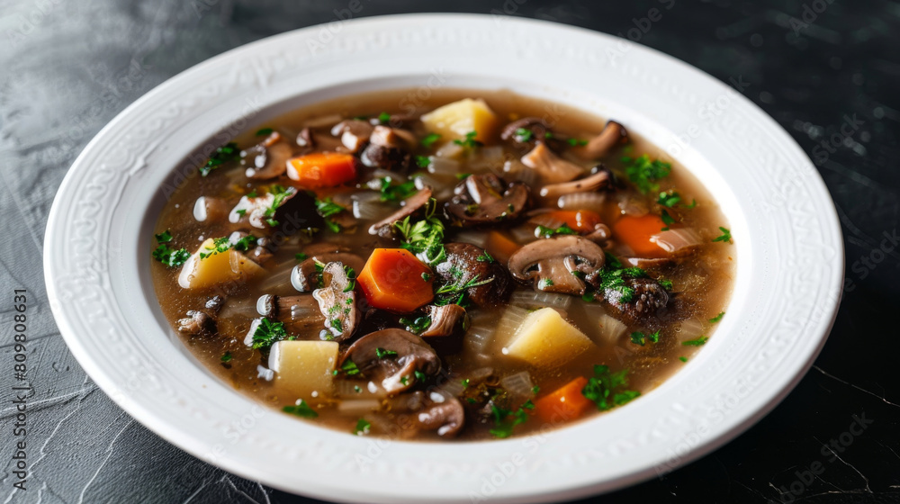 Authentic latvian mushroom soup with vegetables and herbs served in a white bowl, showcasing baltic cuisine on a dark surface Authentic latvian mushroom soup with vegetables and herbs served in a white bowl, showcasing baltic cuisine on a dark surface