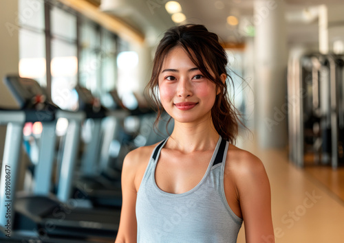 Asian female stands in a fitness gym against the backdrop of treadmills.