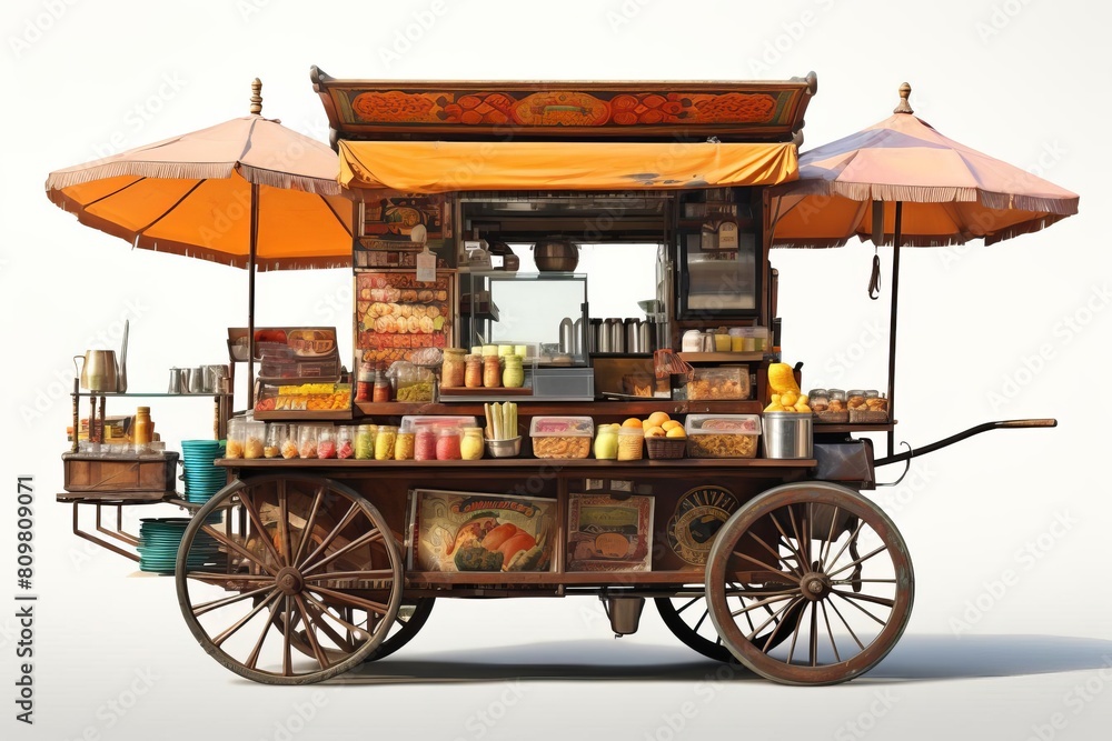 A food cart with a white background. The cart is full of food and has a lot of umbrellas