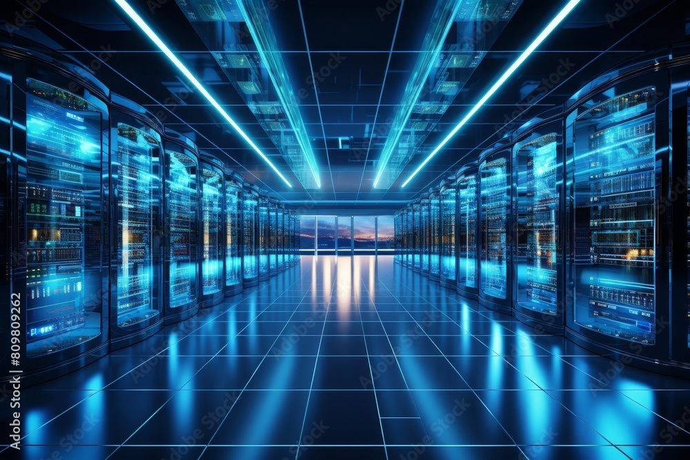 A large room with many computer servers and a window. The room is illuminated with blue lights. Scene is futuristic and industrial A large room with many computer servers and a window. The room is illuminated with blue lights. Scene is futuristic and industrial
