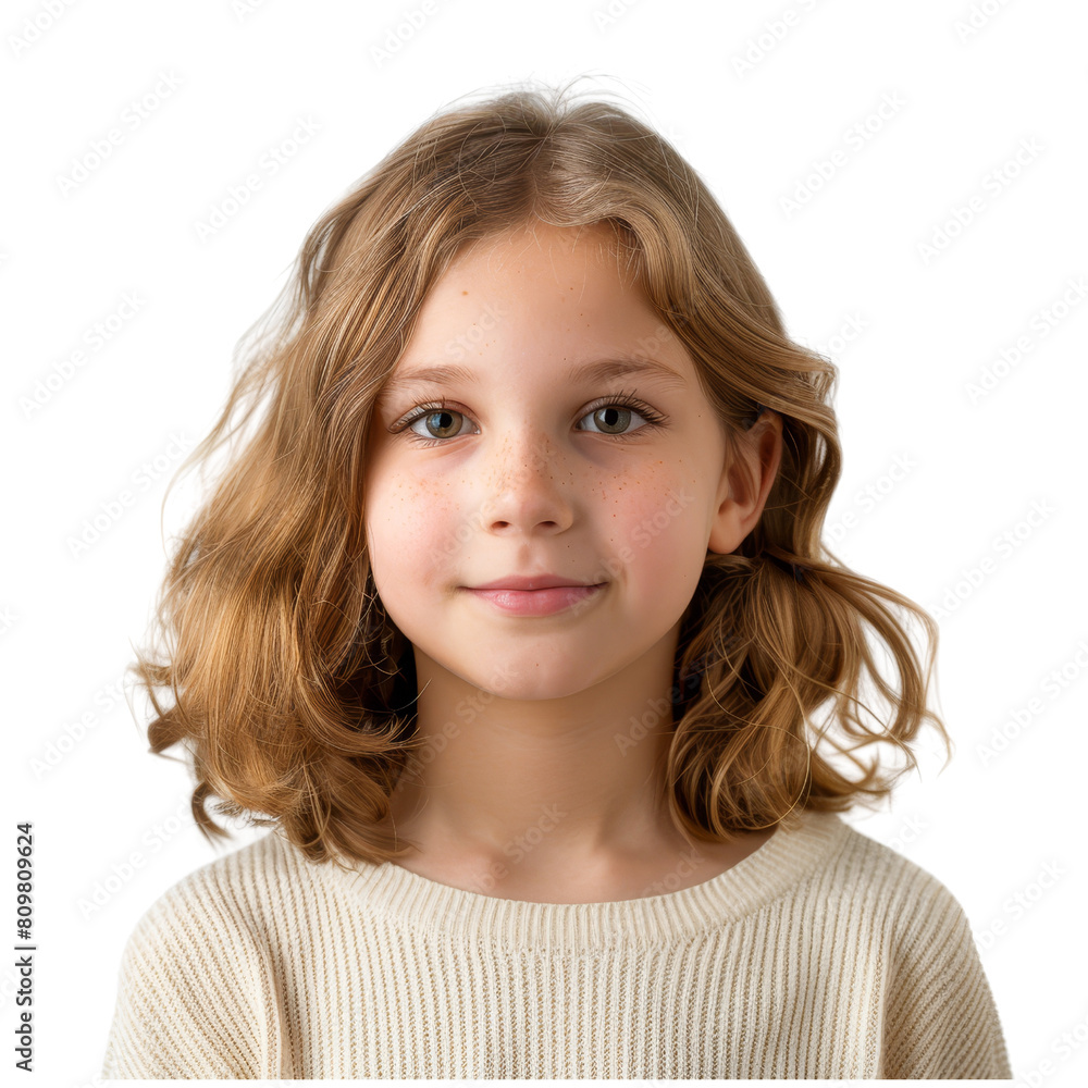 Curly-haired young girl smiling, ideal for child modeling, isolated on transparent background Curly-haired young girl smiling, ideal for child modeling, isolated on transparent background