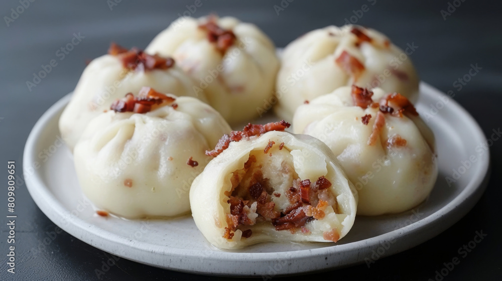 Authentic latvian bacon buns, known as piragi, freshly baked and served on a white ceramic plate against a dark background Authentic latvian bacon buns, known as piragi, freshly baked and served on a white ceramic plate against a dark background