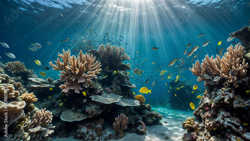 coral reef with fish,A scuba diver swims towards a coral reef under the sun's rays. Fish, including one yellow and two orange, swim alongside the diver. photo