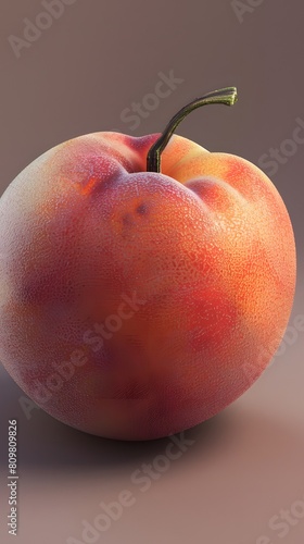 This detailed image captures a single ripe peach with water droplets against a soft, gradient background