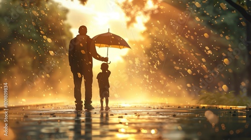 A father holds an umbrella for his child on a rainy day. protect from danger, Ai generate