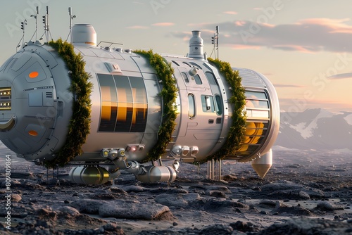 This 3D illustration depicts a modern capsule house with vegetation  set on a rocky alien landscape with mountains in the background