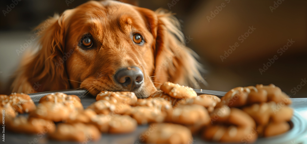 Creative food animal template. A cute golden retriever dog puppy trying steal sneak cookies from counter table. copy text space	
