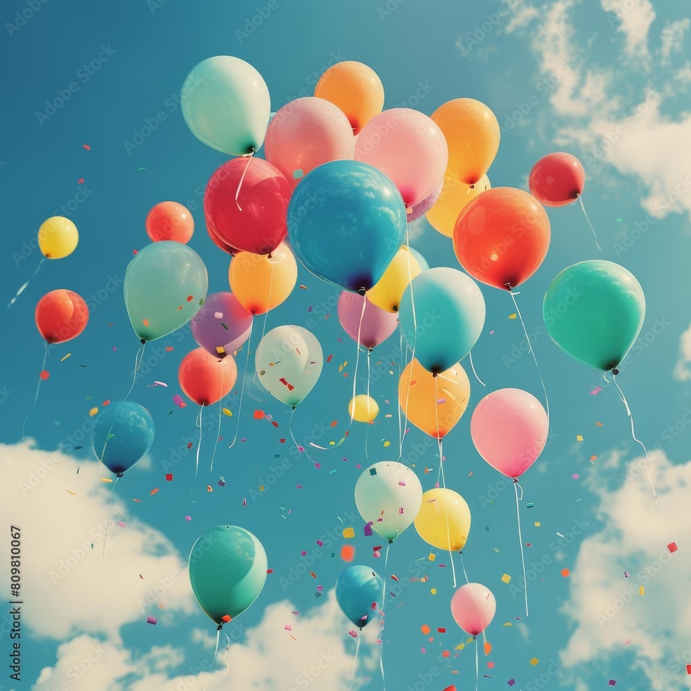 Take a photo of a bunch of balloons with confetti in the sky. The sky is blue and the balloons are bright and colorful. Take a photo of a bunch of balloons with confetti in the sky. The sky is blue and the balloons are bright and colorful.
