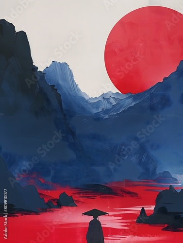 Artistic depiction of a lone figure against a breathtaking landscape with a prominent red sun