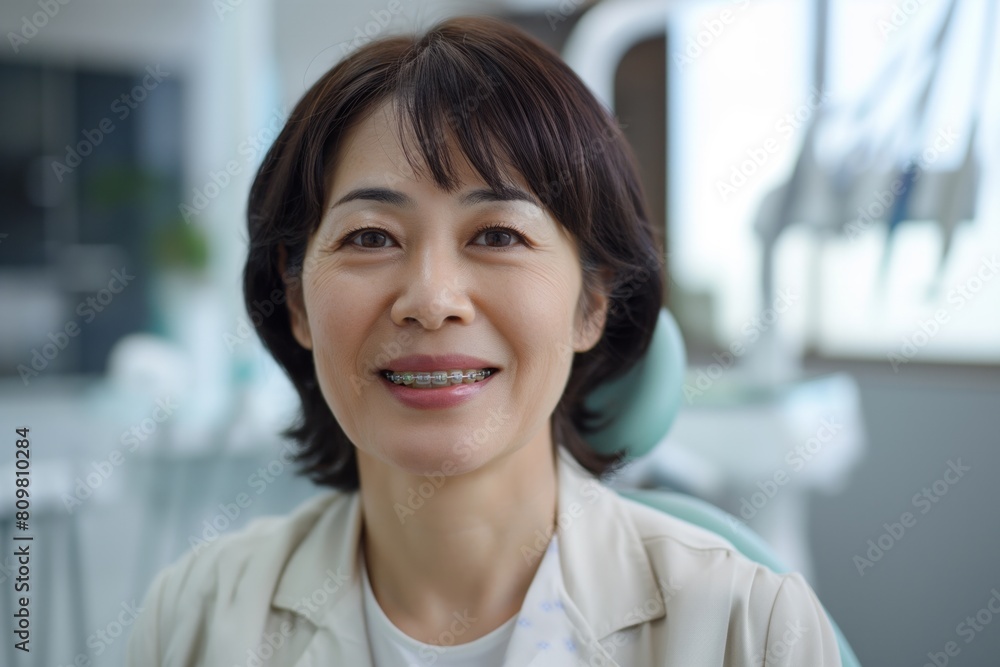 Asian middle aged woman with orthodontic braces in a dental chair at a doctor's appointment, copy space. Concept: health, advertising dentistry, orthodontic services. Asian middle aged woman with orthodontic braces in a dental chair at a doctor's appointment, copy space. Concept: health, advertising dentistry, orthodontic services.
