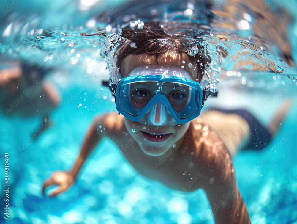 A joyful child with a snorkel swims, accompanied by someone else with a snorkel. A playful boy splashes, a person wears goggles, and a man is in the pool.