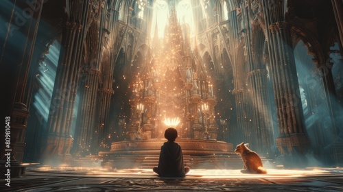 Photo of happy smart child sitting in front of throne at elegant castle hall surrounded with magical glowing light. Attractive bravery boy in fantasy uniform looking at throne represent power. AIG42. photo