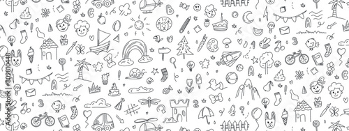 A pattern of objects from a child s life drawn by a pen  including toys  food  plants and things for sports and creative activities  a rocket. rainbow Children s graphics