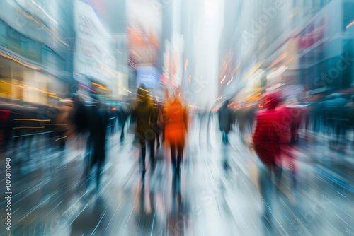 blurred commuters walking in busy financial district abstract photo