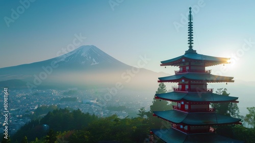 The five-story pagoda known as Fujiyoshida Cenotaph Monument can be seen on the observatory overlooking Mount Fuji. photo