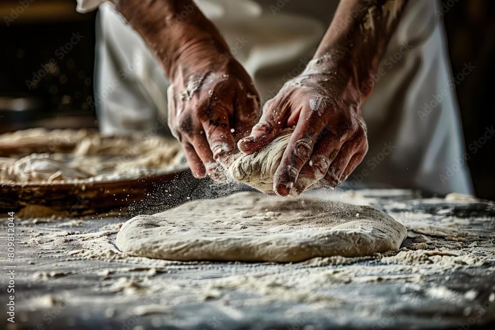 closeup of hands kneading and stretching pizza dough on floured surface capturing tactile artisanal process food photography