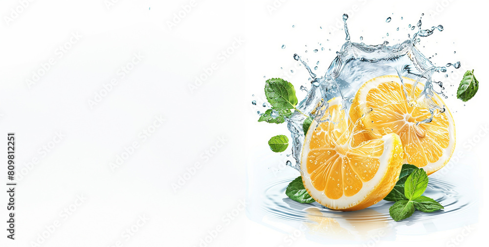 Lemon, water, splash isolated on white transparent background, lemon slice, leaves and water splash, background, water waves, citrus piece, mint leaves Lemon, water, splash isolated on white transparent background, lemon slice, leaves and water splash, background, water waves, citrus piece, mint leaves