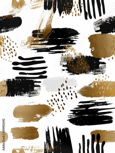 Black and gold brush strokes elegantly layered on a white background, creating a striking and sophisticated artistic composition