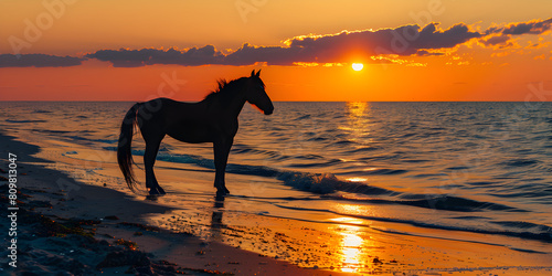 Horse on the beach at sunset with reflection in water Horse silhouette on sunset background. Silhouette of horse on sunset background.