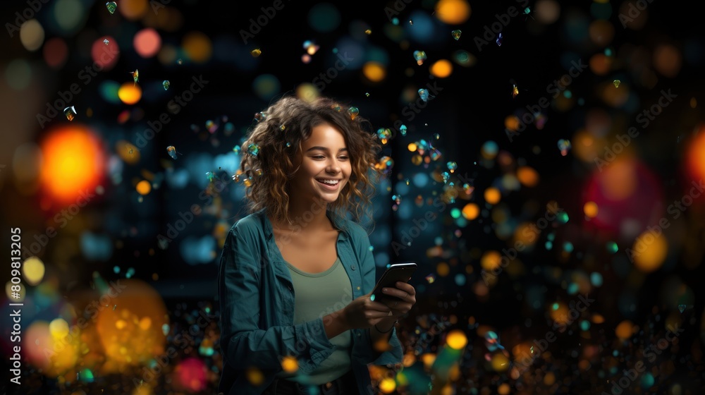 Joyful Young Woman Using Smartphone Amidst Colorful Bokeh Lights Joyful Young Woman Using Smartphone Amidst Colorful Bokeh Lights