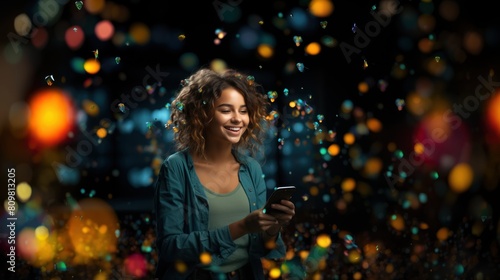Joyful Young Woman Using Smartphone Amidst Colorful Bokeh Lights