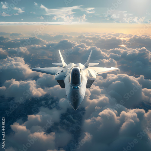 Futuristic Fighter Jet Soaring Above Clouds in High Altitude Sky Background for Advertising and Social Media
