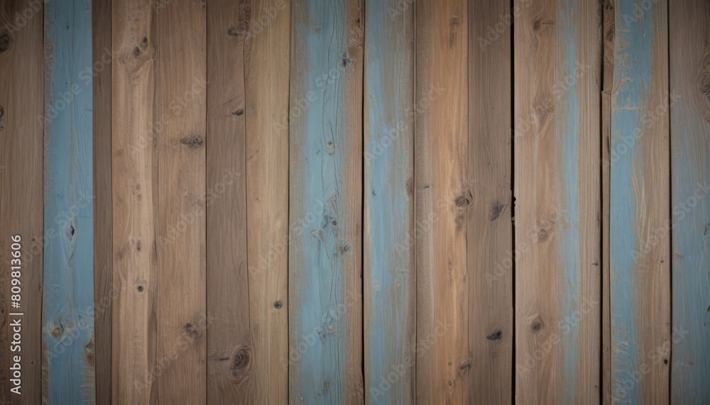 Fototapeta premium Pale faded brown and cool blue reclaimed wood surface with aged boards lined up. Wooden planks on a wall or floor with grain and texture