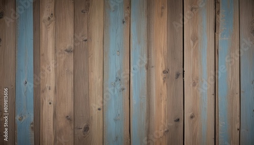Pale faded brown and cool blue reclaimed wood surface with aged boards lined up. Wooden planks on a wall or floor with grain and texture