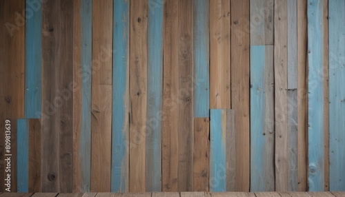 Pale faded brown and cool blue reclaimed wood surface with aged boards lined up. Wooden planks on a wall or floor with grain and texture