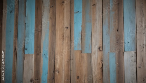 Pale faded brown and cool blue reclaimed wood surface with aged boards lined up. Wooden planks on a wall or floor with grain and texture