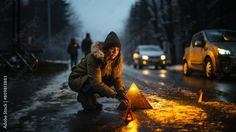 Female Driver Setting Up Warning Triangle on Icy Road at Dusk Female Driver Setting Up Warning Triangle on Icy Road at Dusk