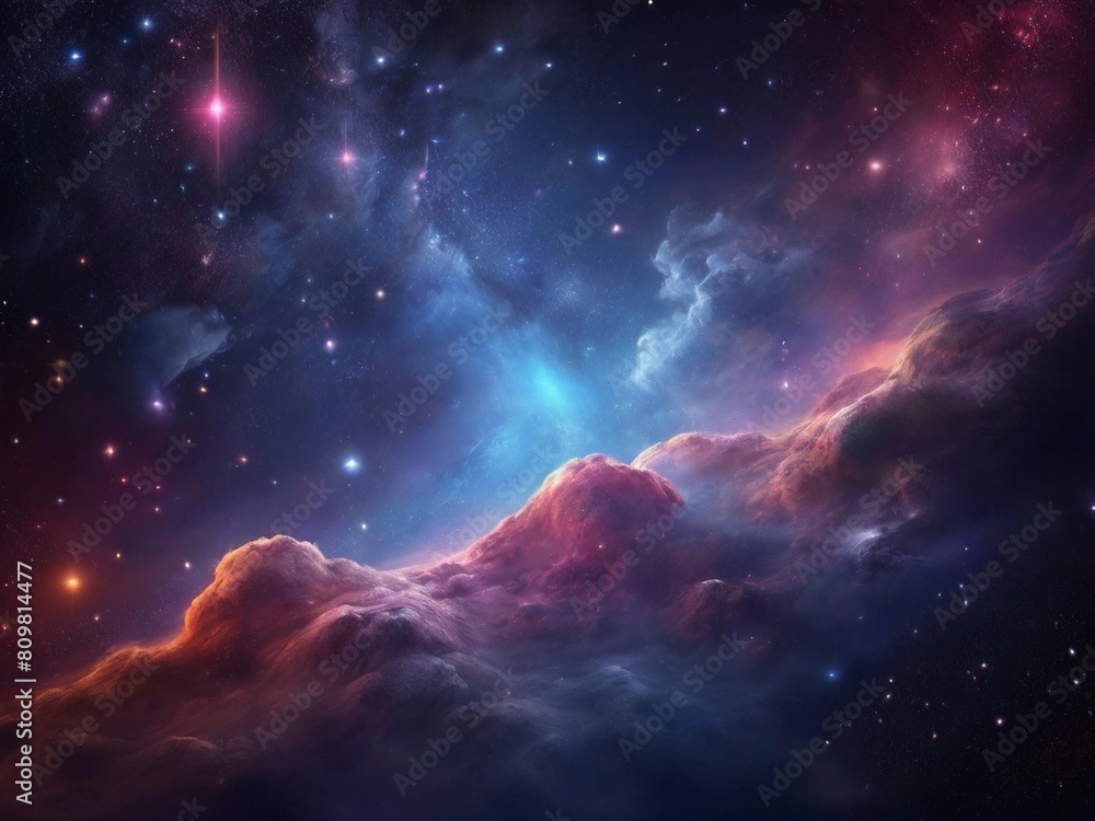 Cosmos background with realistic stardust, nebula, moon and shining stars. Colorful galaxy backdrop. Space vector illustration. Starry night, infinite universe, milky way bacground illustration