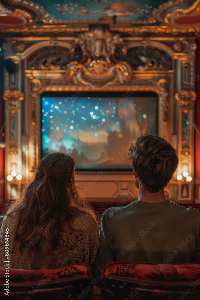 A couple enjoying a classic film in a vintage theater with ornate decor and a glowing screen. A couple enjoying a classic film in a vintage theater with ornate decor and a glowing screen.