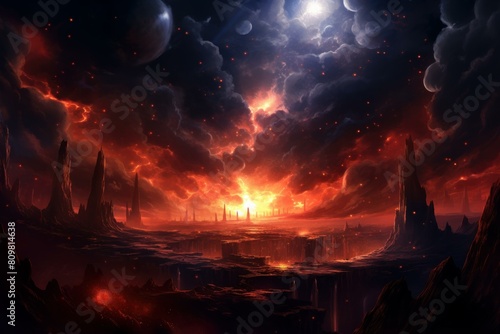 Dramatic alien world with glowing red sky, towering spires, and ominous clouds