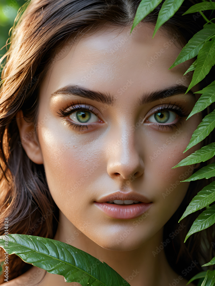 Close-up of a young woman's eyes gazing through lush green foliage, invoking a sense of mystery and connection with nature. Close-up of a young woman's eyes gazing through lush green foliage, invoking a sense of mystery and connection with nature.