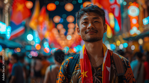 An immersive photograph capturing the vibrant colors and festive atmosphere of the Singapore National Day parade, with marching bands, colorful floats, and enthusiastic spectators