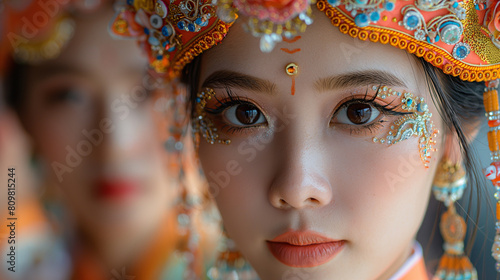 A close-up shot capturing the intricate details of traditional Peranakan costumes worn by performers in a cultural parade, showcasing Singapore's rich cultural heritage and diversi
