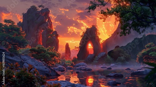 a digital painting of an impressive rock garden at dusk, where the last rays of the setting sun cast a fiery glow on the artistic rock formations. photo
